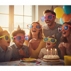 Family wearing giant neon clown glasses laughing together at a birthday party