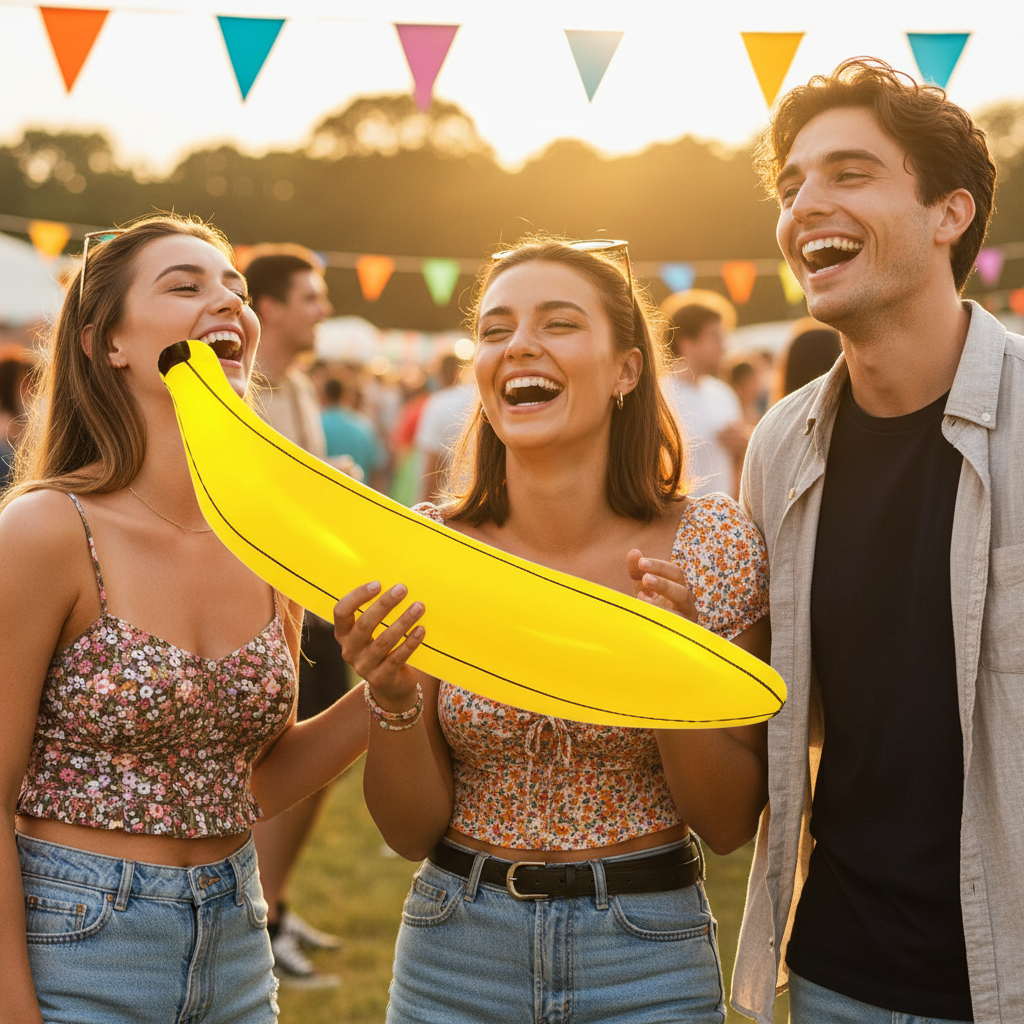 Group of young adults at a summer festival holding an inflatable banana 80cm as a fun handheld prop