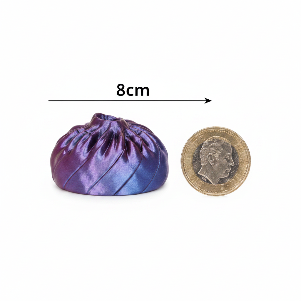 3D Fidget Dumpling 8cm purple violet iridescent squishy toy shown beside £1 coin on white background to demonstrate size