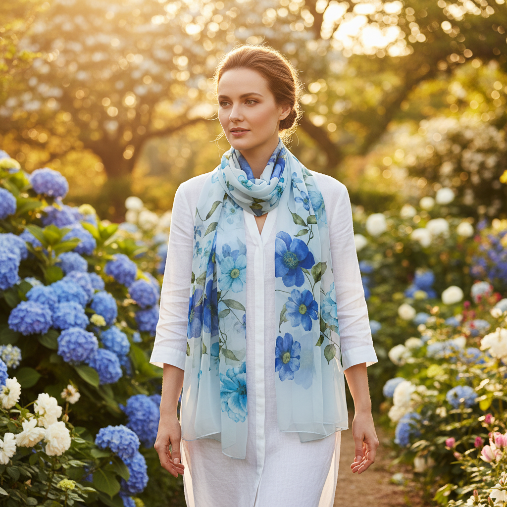 Elegant woman wearing a light blue chiffon floral scarf strolling through a blooming English garden at golden hour