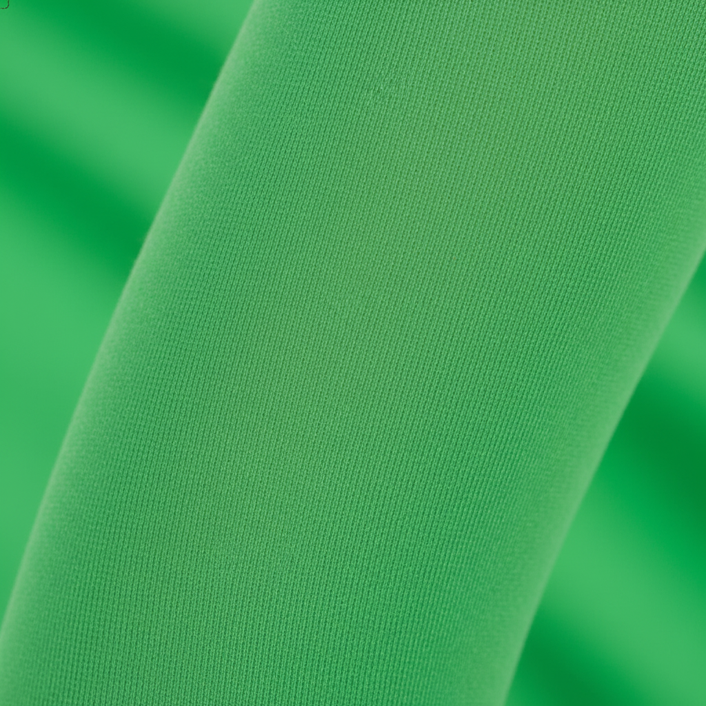 Extreme macro close-up of bright green opaque nylon elf tights fabric showing smooth stretch texture