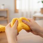 Large yellow squishy cheese toy being squeezed showing slow-rise foam returning to shape, stress relief demonstration