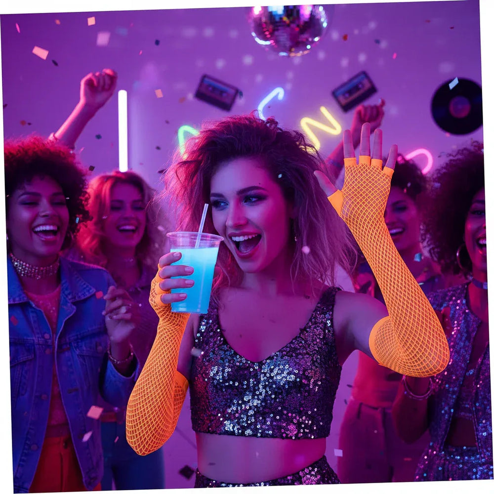 Wicked Costumes 80's Neon Orange Net Gloves - Women's Long Fancy Dress Accessory - Why Not Shop