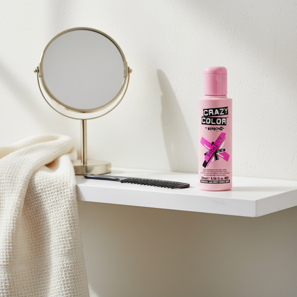 Crazy Color Rebel UV Neon Pink Hair Dye styled on a bathroom vanity shelf with minimal props