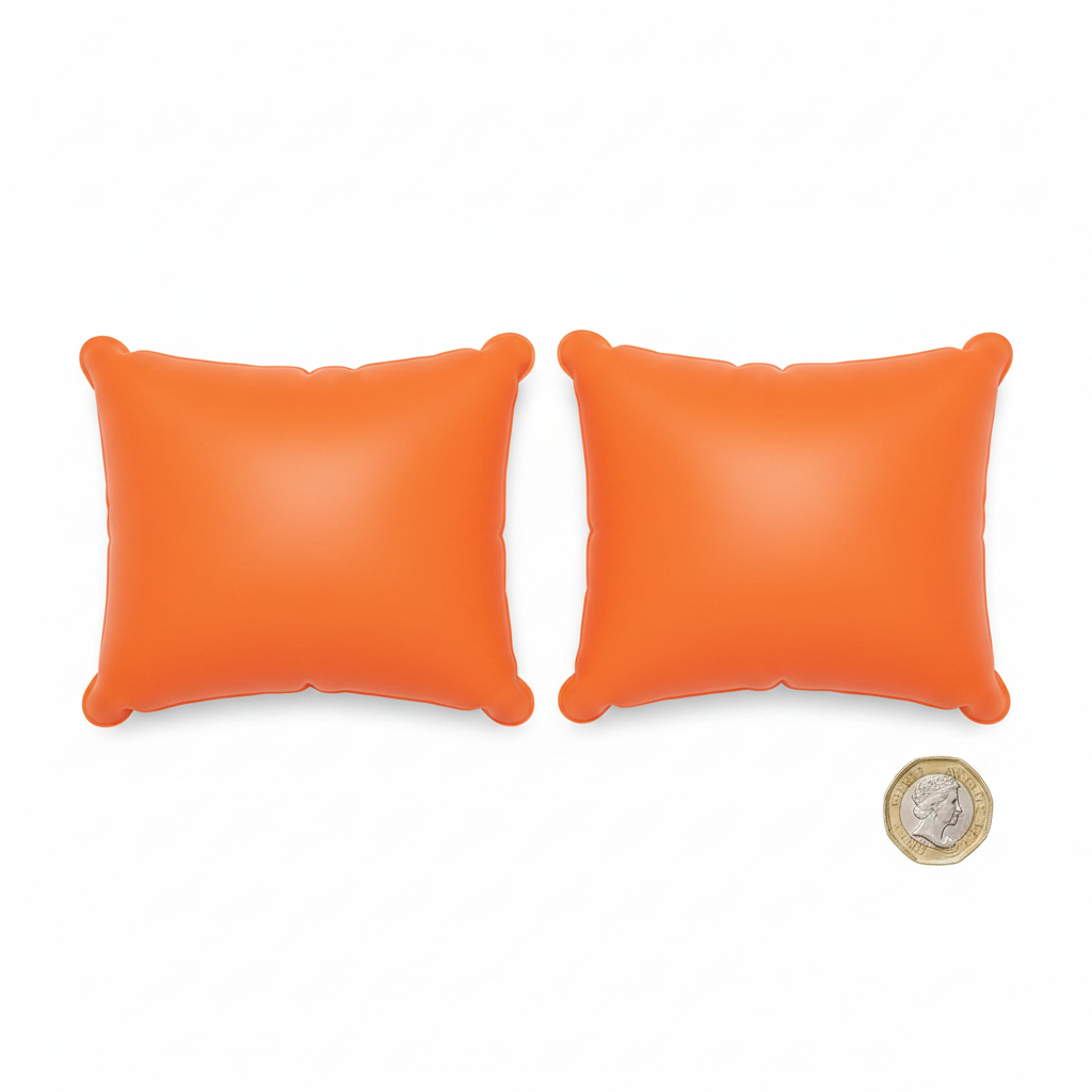 Intex orange inflatable arm bands flat lay with £1 coin showing 19cm x 19cm scale