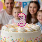 Pink glitter number 3 birthday candle lit and glowing on a birthday cake, warm celebratory scene showing the perfect third birthday moment