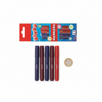 Anker Stationery Bingo Markers Pack of 4 flat lay beside a £1 coin showing size, all 4 markers and box on white background