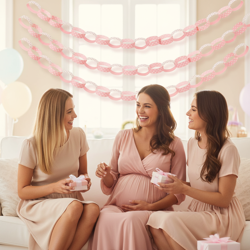 Mother-to-be celebrating at baby shower with pink polka dot paper chain decoration