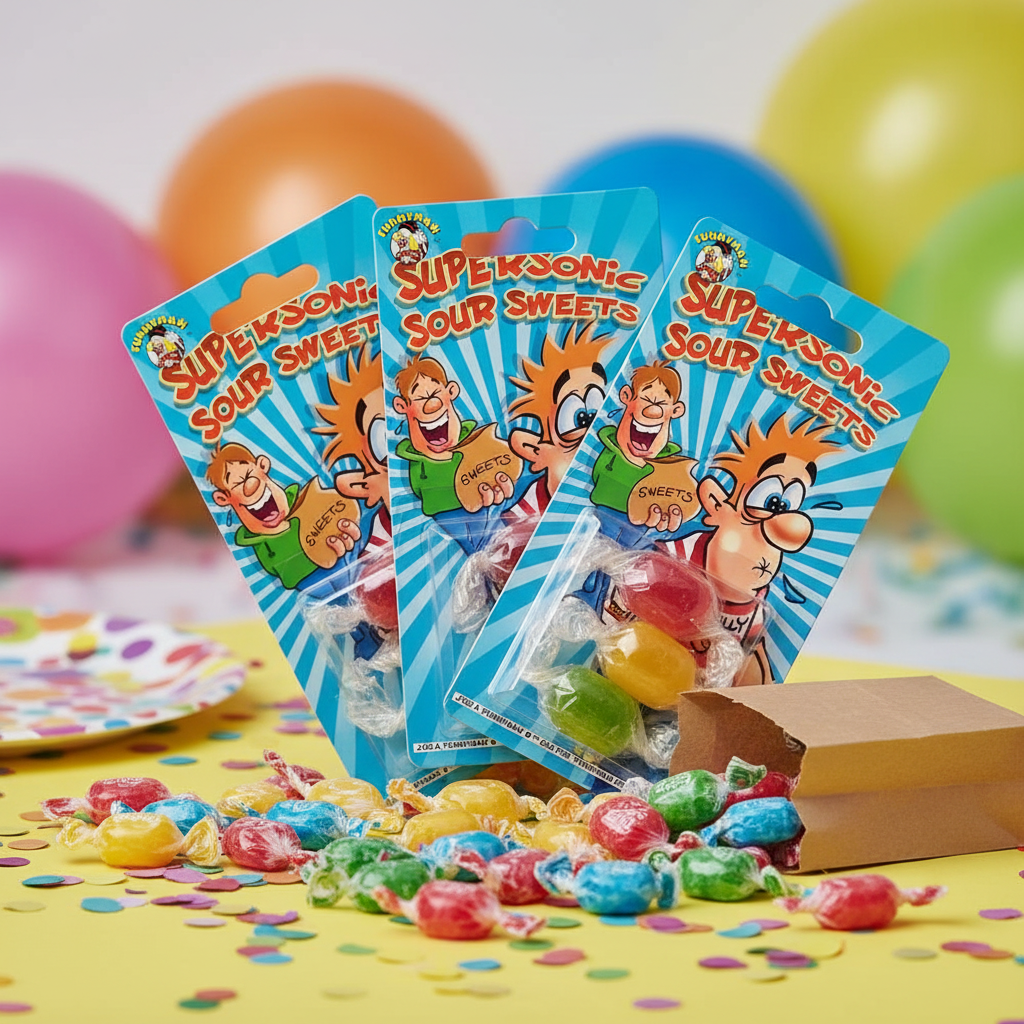 Three Funnyman Supersonic Sour Sweets blue blister cards fanned out on kids birthday party table with sweets and confetti