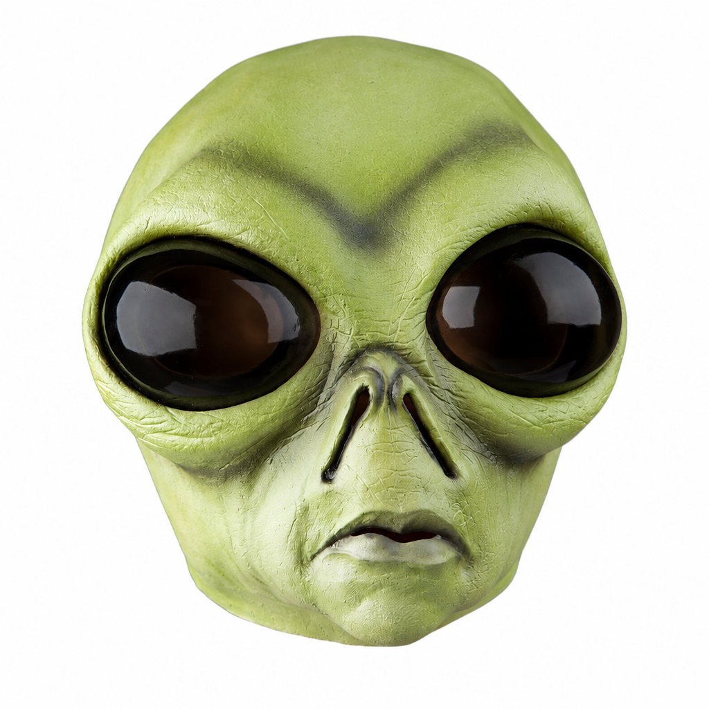 Green bug-eye alien latex mask centred on white background, front view