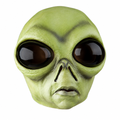 Green bug-eye alien latex mask centred on white background, front view