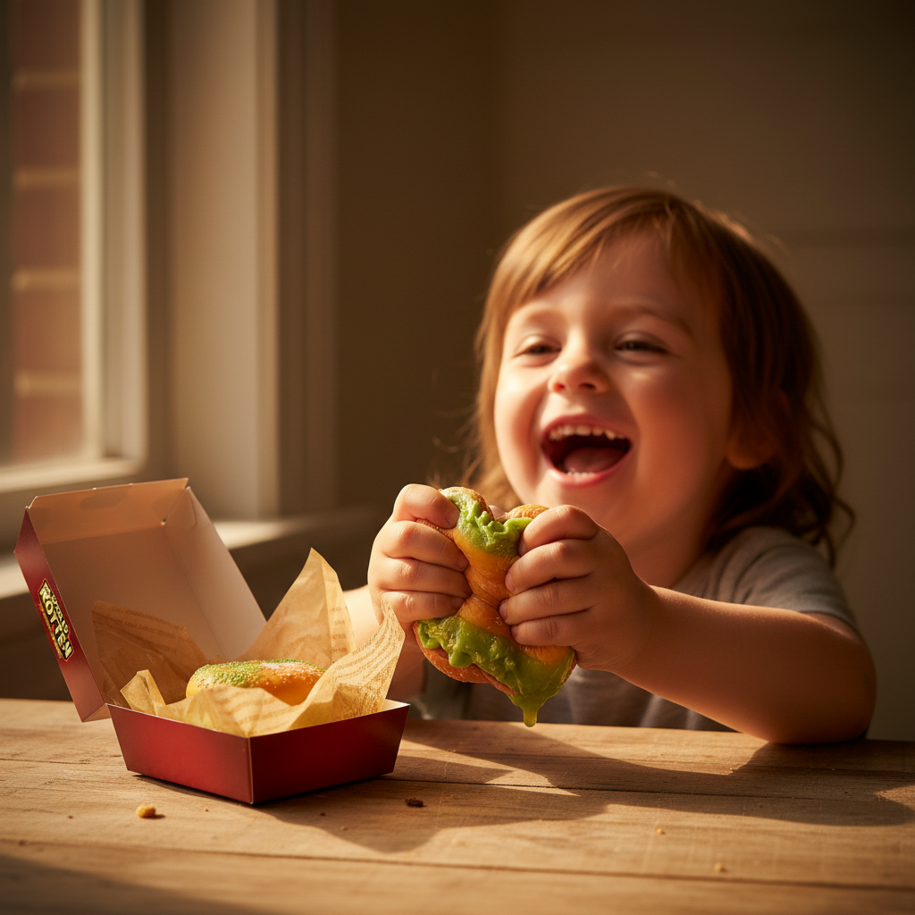 Child laughing and squeezing the Spoiled Rotten squishy decaying burger toy in golden hour light