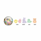 HTI Squish Surprise Ball flat lay showing the closed ball alongside 5 pastel squishy animal characters on white background