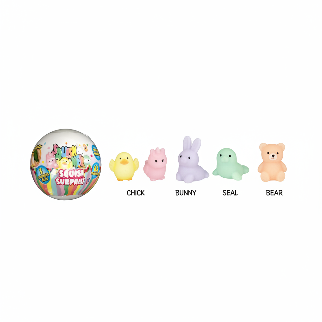 HTI Squish Surprise Ball flat lay showing the closed ball alongside 5 pastel squishy animal characters on white background