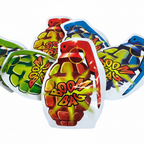 HTI Boom Bomb Bags grenade-shaped foil prank bags on pure white background, studio hero shot