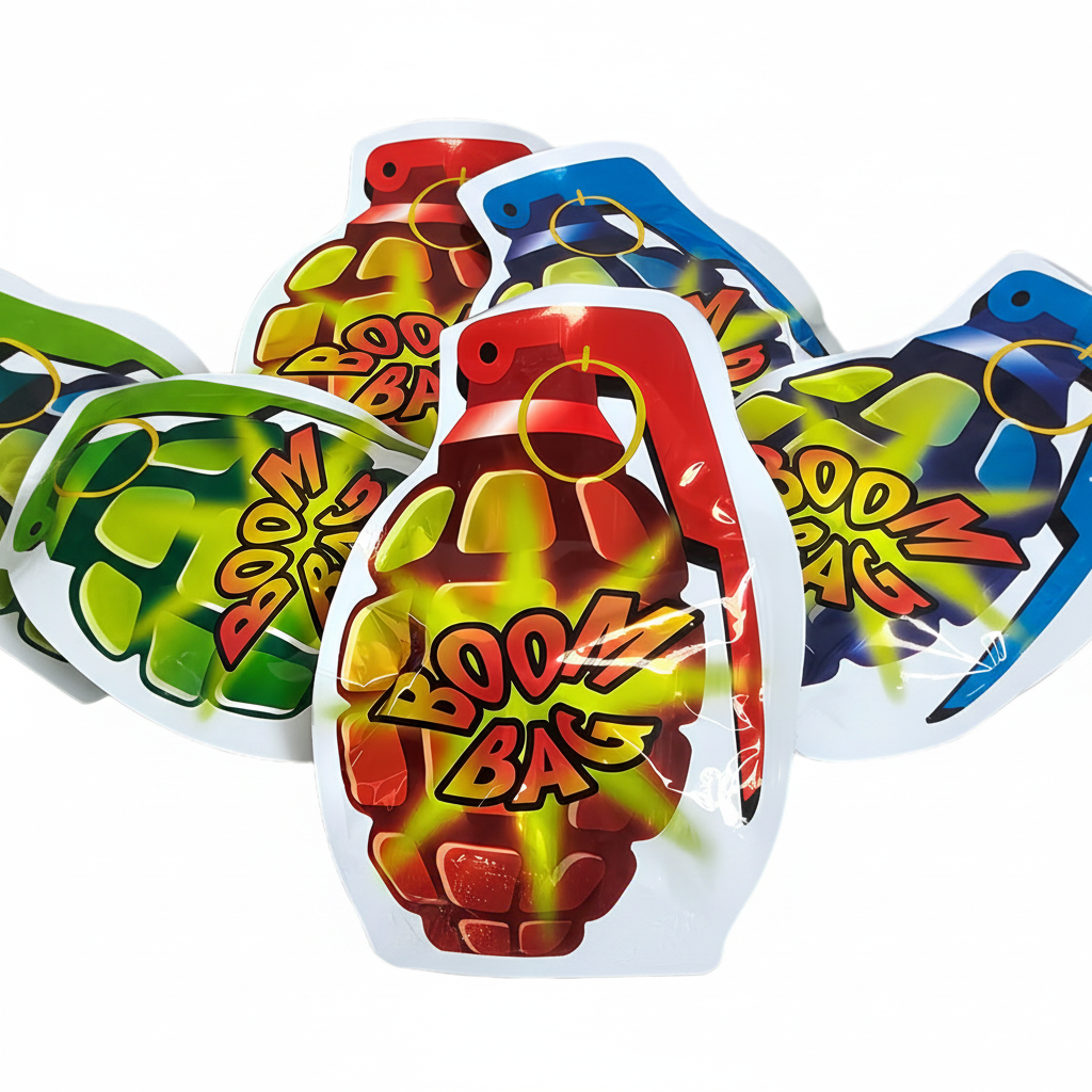 HTI Boom Bomb Bags grenade-shaped foil prank bags on pure white background, studio hero shot