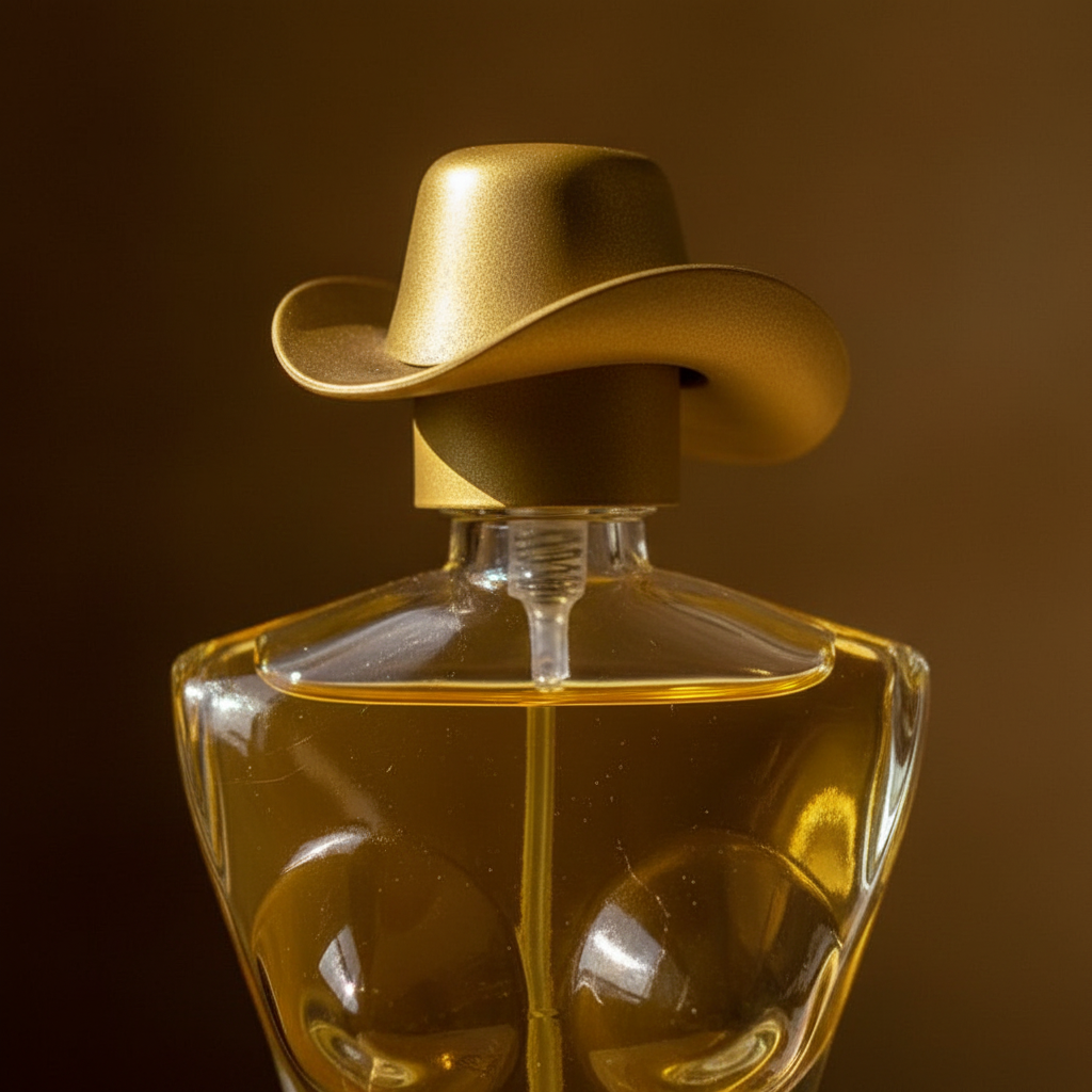 Extreme macro close-up of Revitalise Fantasy EDP antique gold cowboy hat cap and amber glass bottle detail