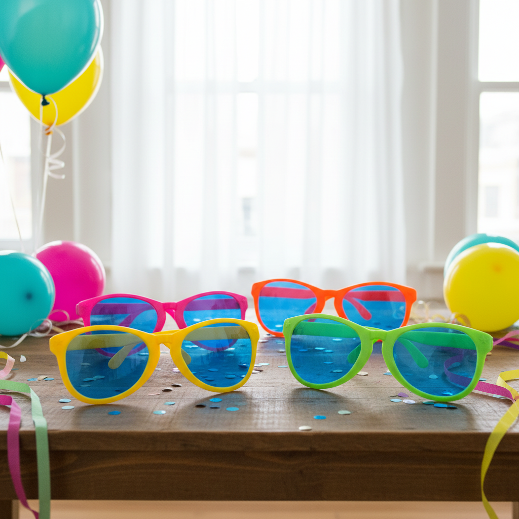 Four giant neon clown glasses in assorted colours on a party table with balloons and streamers