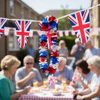 Metallic red, white and blue Hawaiian lei draped over Union Jack bunting at a British street party