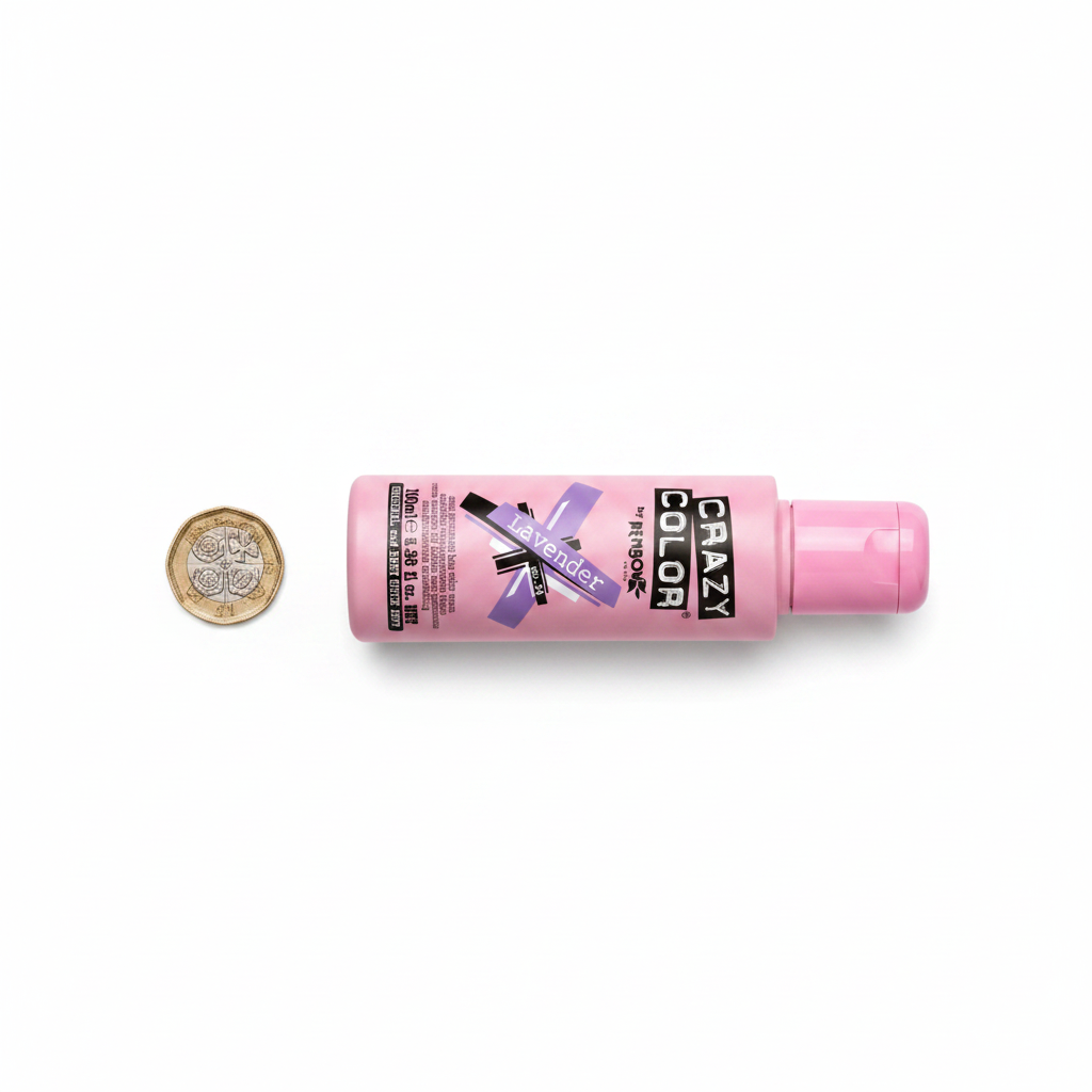 Crazy Color Lavender No.54 100ml hair dye bottle beside a UK £1 coin on white background to show product size