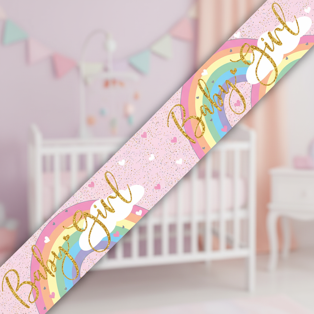 9ft Pastel Rainbow Baby Girl holographic banner - sweet nursery and baby shower decoration
