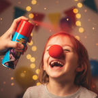Parent spraying red hair colour spray on child wearing red sponge clown nose at fancy dress party