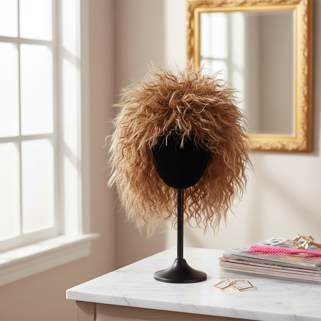 80s Tina Brown Wig displayed on wig stand in stylish dressing room with vanity mirror