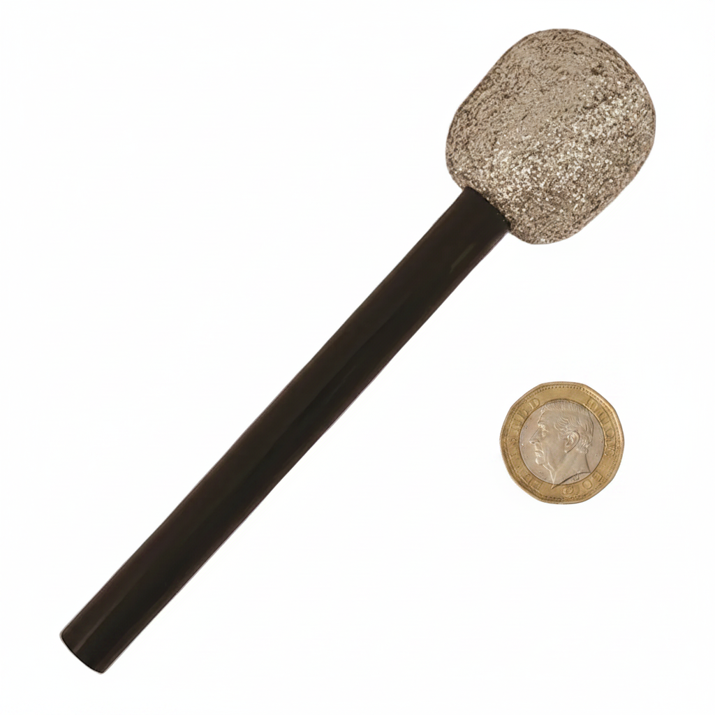 Silver glitter microphone fancy dress prop beside a pound coin showing size scale, flat lay on white background