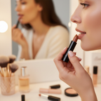 Woman applying Laval Caramel Kiss Lipstick 17 at vanity mirror in candid lifestyle moment