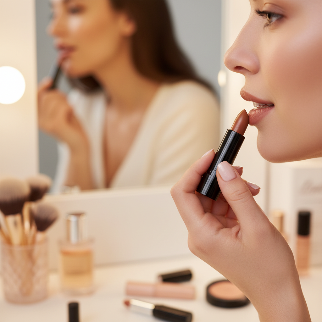 Woman applying Laval Caramel Kiss Lipstick 17 at vanity mirror in candid lifestyle moment