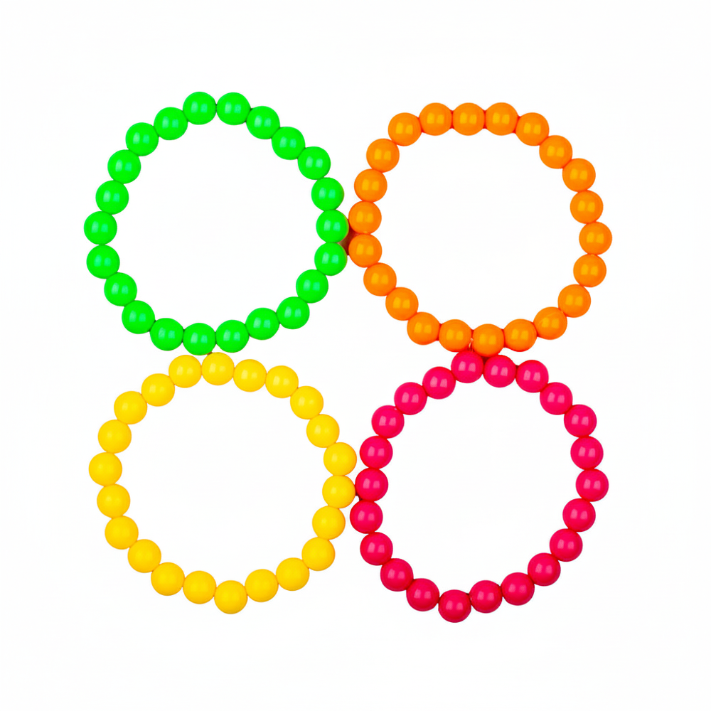 4 neon bead bracelets in green, orange, yellow and hot pink on pure white background, Amazon hero shot