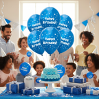 Metallic blue star Happy Birthday balloons at birthday party with cake table and festive decorations