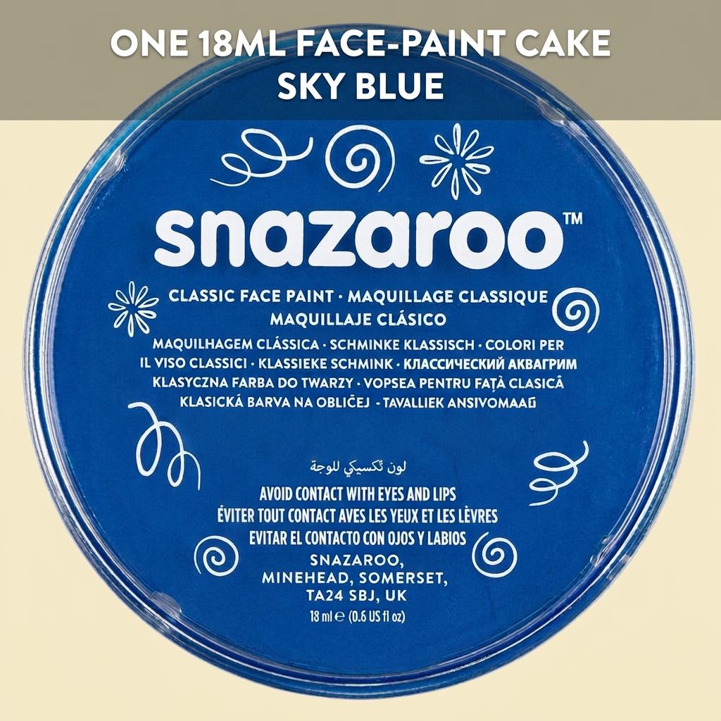 Snazaroo Sky Blue pot with a caption identifying one 18ml face-paint cake
