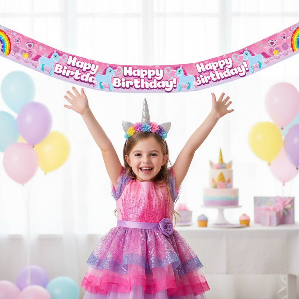 Young girl celebrating at unicorn birthday party with holographic rainbow banner decoration