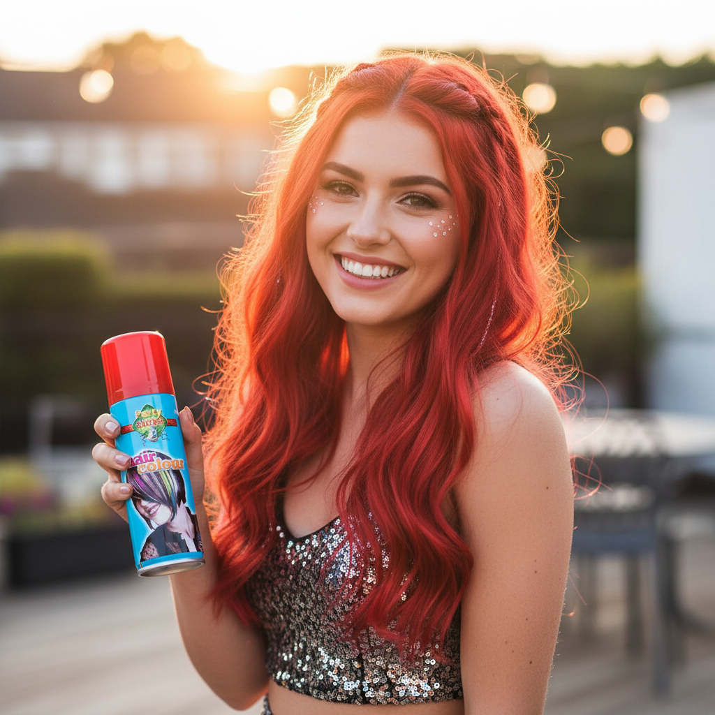 Party Success Red Temporary Hair Colour Spray - result shot showing vibrant red hair colour outcome