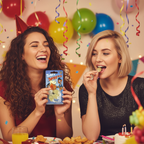 Young woman at a birthday party offering Joke Salt Sweets Pack of 3 prank candy to a laughing friend