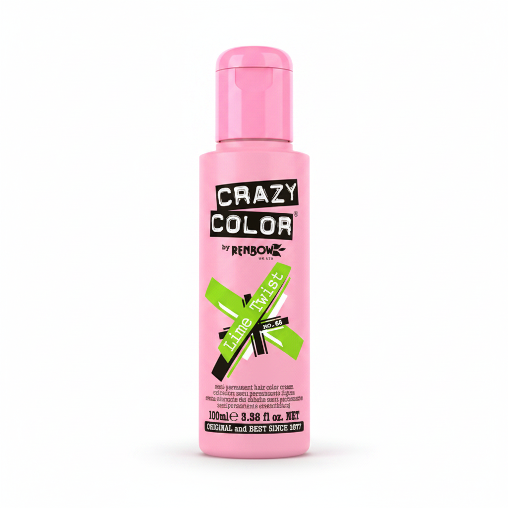 Crazy Color Lime Twist Semi-Permanent Hair Dye 100ml pink bottle with lime green label on white studio background