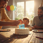 Mother placing blue birthday candles on a white cake at a family birthday party celebration