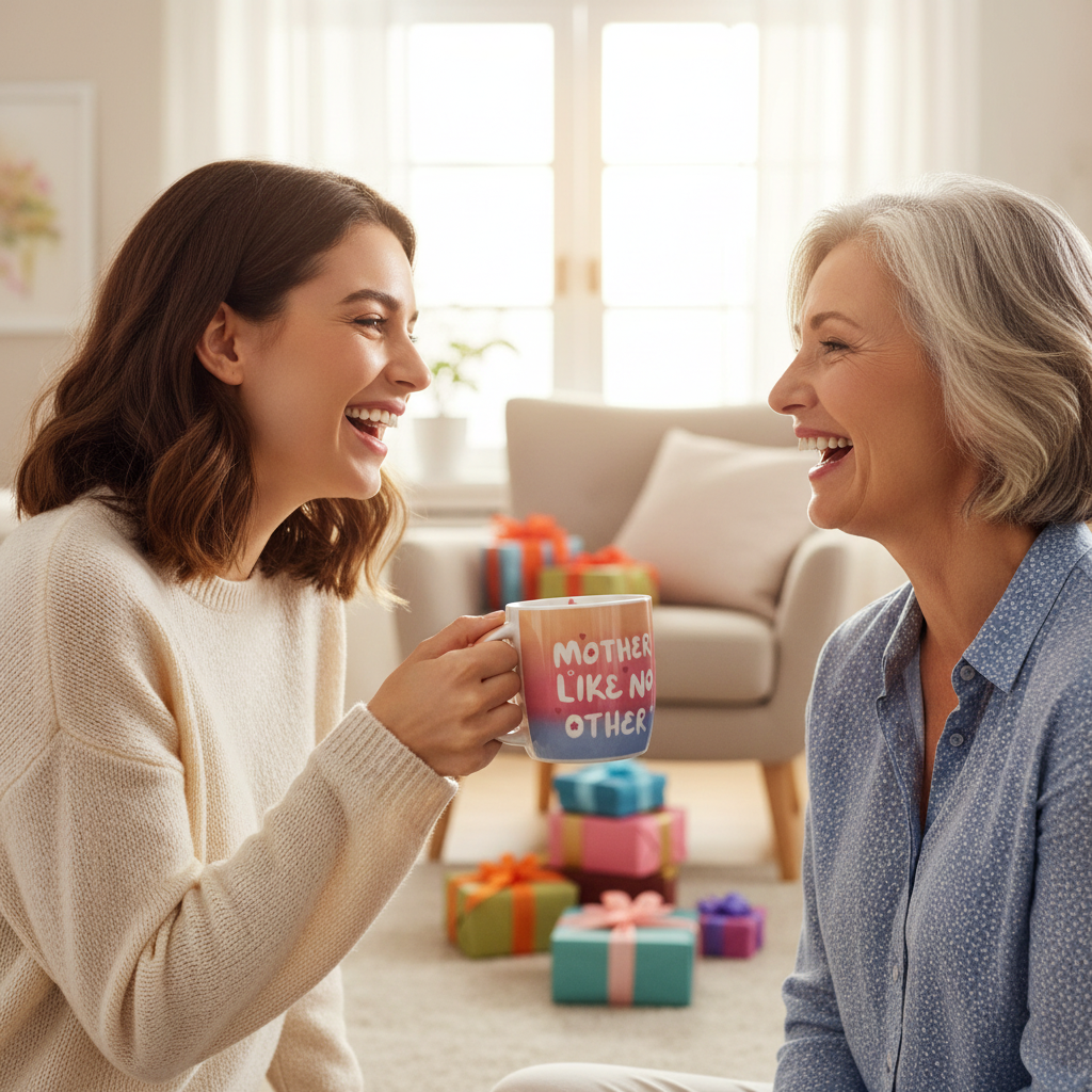 Daughter gifting the Mother Like No Other mug to her mum on Mother's Day