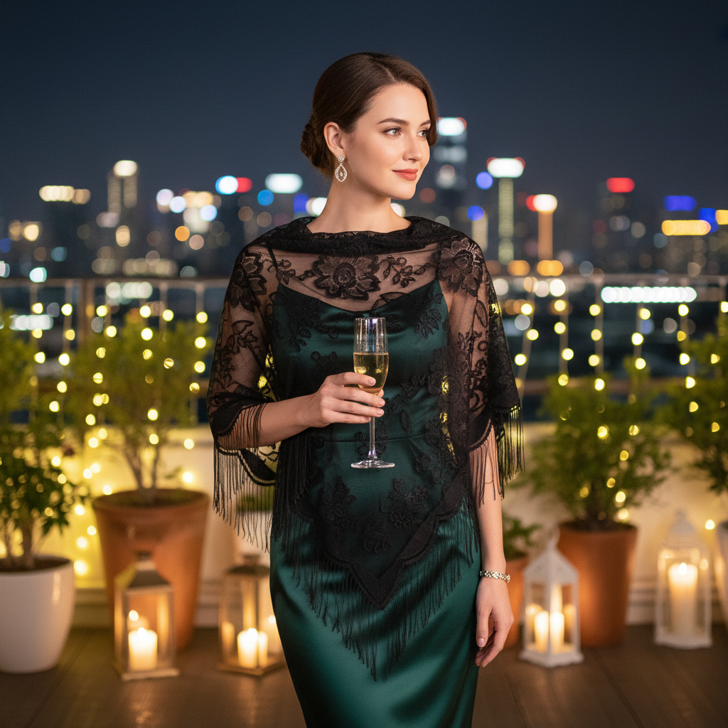 Stylish woman at a rooftop cocktail party at night wearing a black lace floral embroidered fringe shawl with city lights in background