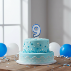 Blue glitter number 9 birthday candle on decorated birthday cake, natural window light, editorial lifestyle setting