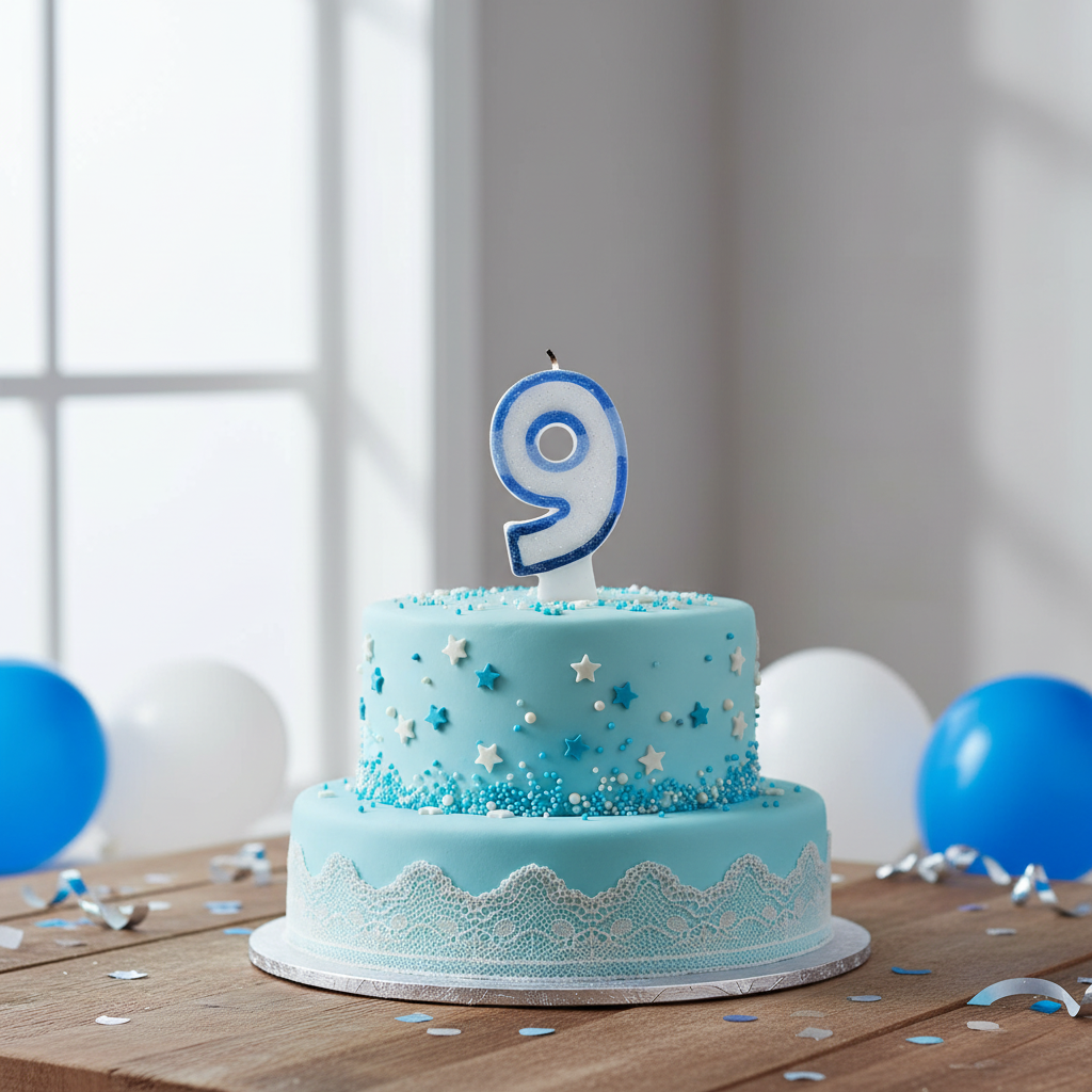 Blue glitter number 9 birthday candle on decorated birthday cake, natural window light, editorial lifestyle setting
