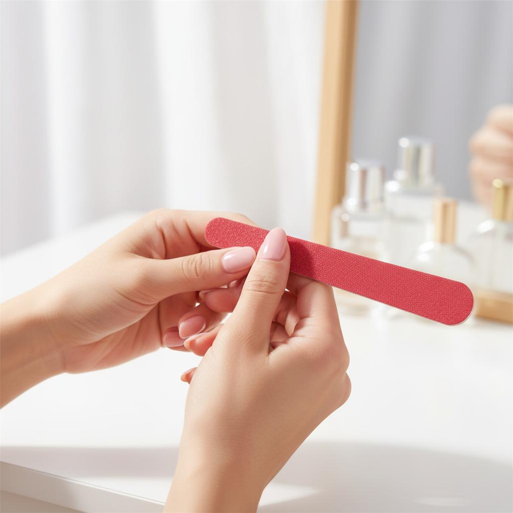 Woman using small red emery board to file nails