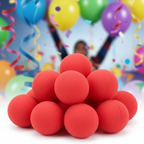 Red sponge clown noses product shot with festive party background - premium fancy dress accessory