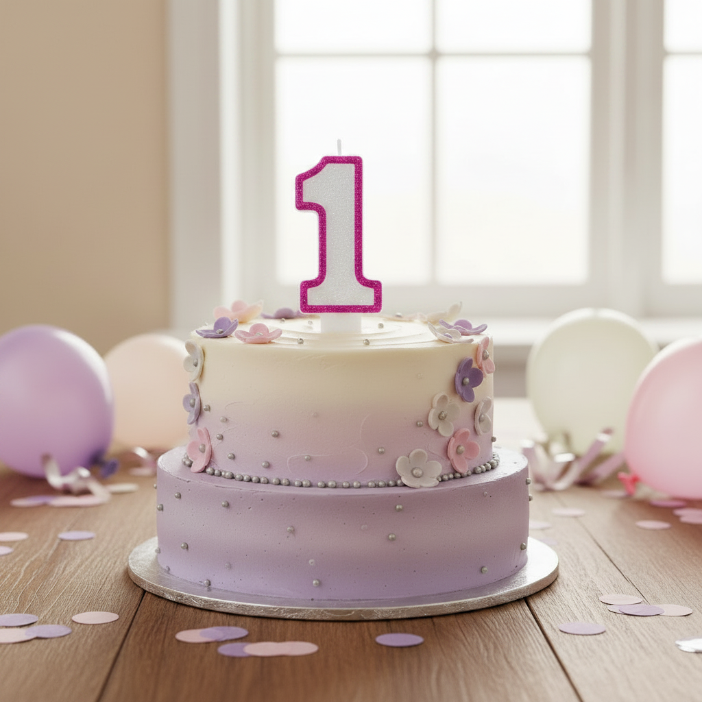 Pink glitter number 1 birthday candle on decorated first birthday cake at a party table with natural window light