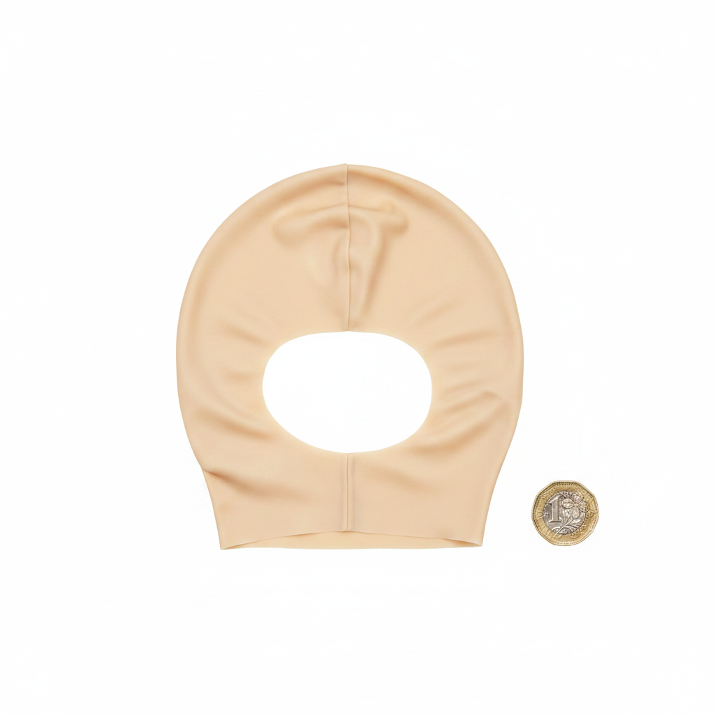 Latex bald cap for adults flat lay on white background beside £1 coin for size reference, overhead lighting