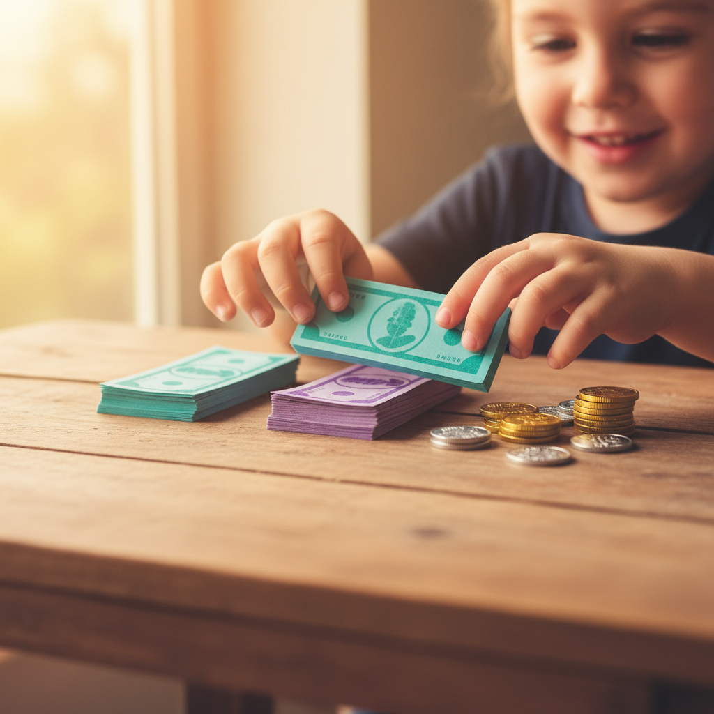 Child counting and sorting colourful play money notes and plastic coins on wooden table