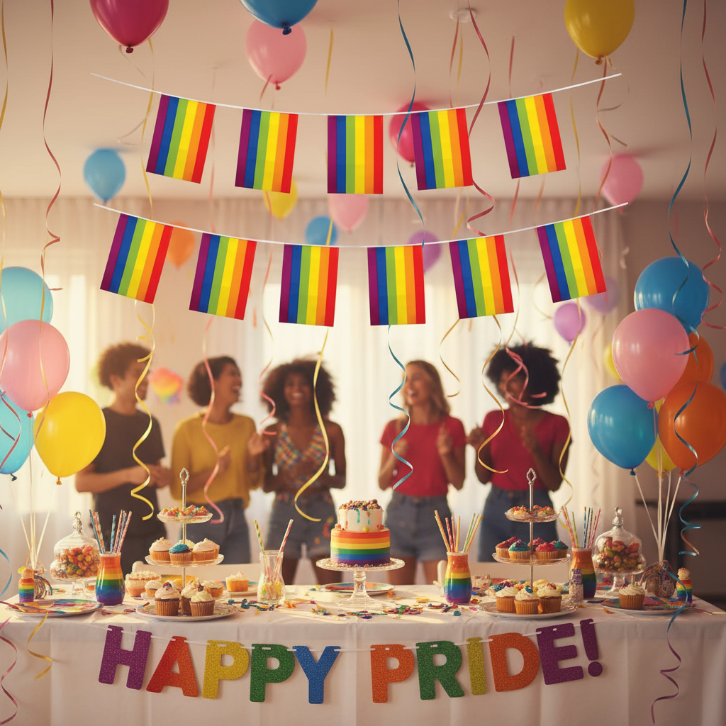 Beautifully decorated pride party room with Rainbow Gay Pride Bunting strung across the ceiling with balloons and streamers