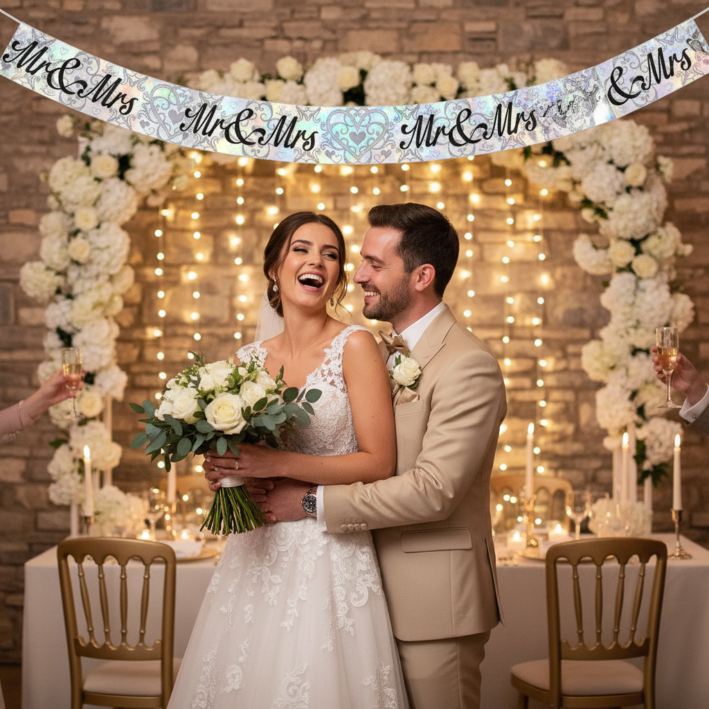 Happy bride and groom celebrating at wedding reception with Mr & Mrs metallic banner displayed above
