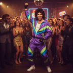Man in full 1980s fancy dress costume with black mullet wig being the life of the party surrounded by delighted friends